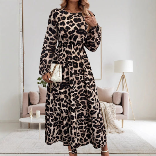 Damen Elegantes Langarm-Maxikleid mit modernem Tierprint und asymmetrischem Saum R&B