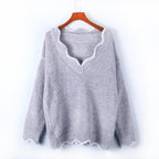 Damen kuscheliger Strickpullover mit tiefem V-Ausschnitt und gewellten Abschlüssen R&B
