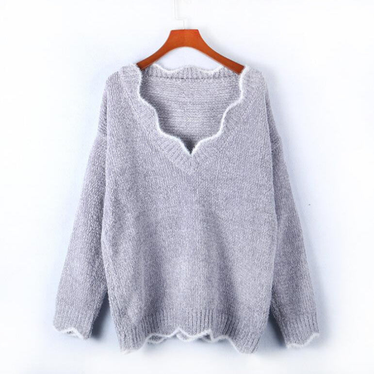 Damen kuscheliger Strickpullover mit tiefem V-Ausschnitt und gewellten Abschlüssen R&B