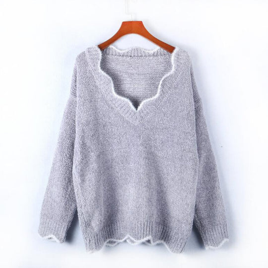 Damen kuscheliger Strickpullover mit tiefem V-Ausschnitt und gewellten Abschlüssen R&B