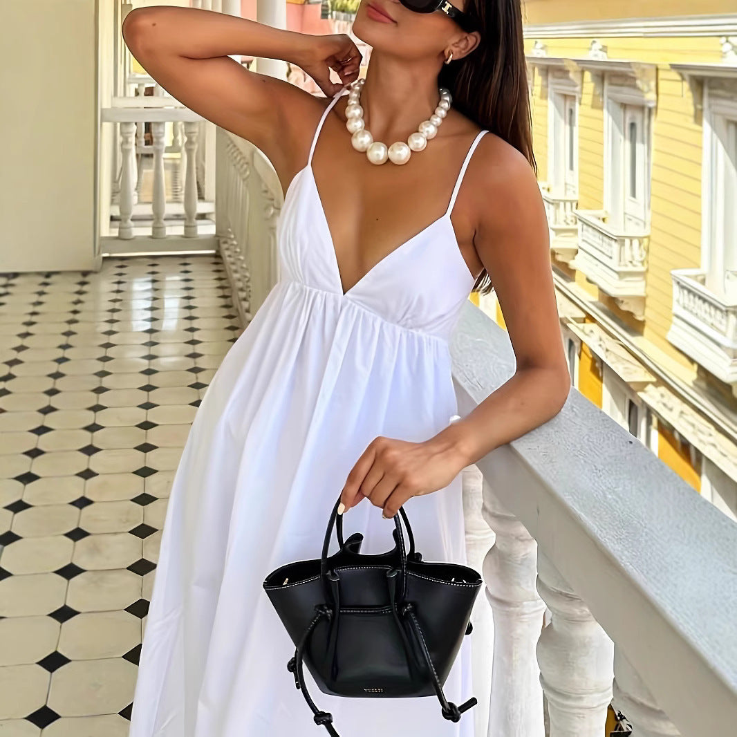 Damen luftiges Sommerkleid mit tiefem V-Ausschnitt und Spaghettiträgern R&B