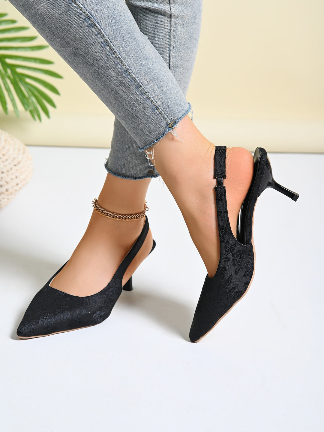 Damen elegante Slingback-Pumps mit floralem Jacquard-Muster R&B