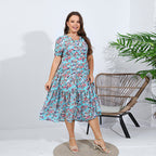Damen Midikleid mit floralen Rüschendetails und elastischem Taillenbund R&B