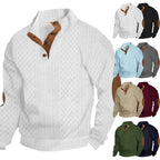 Herren nan gehobener Strickpullover mit Rautenmuster, hohem Rippkragen, knöpfbarer Latzleiste und Lederbesatz an Ellenbogen R&B