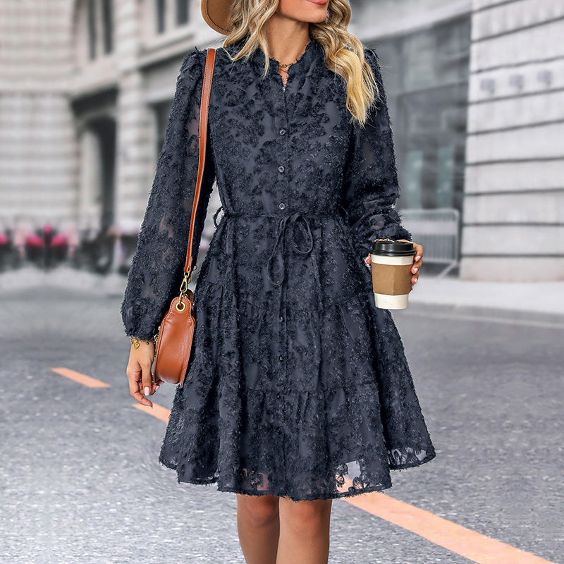 Damen Kleid im romantischen Boho-Stil mit Knopfverschluss und Bindegürtel R&B