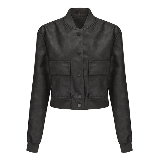 Damen Kunstleder Bomberjacke mit praktischen Taschen und elastischen Bündchen R&B