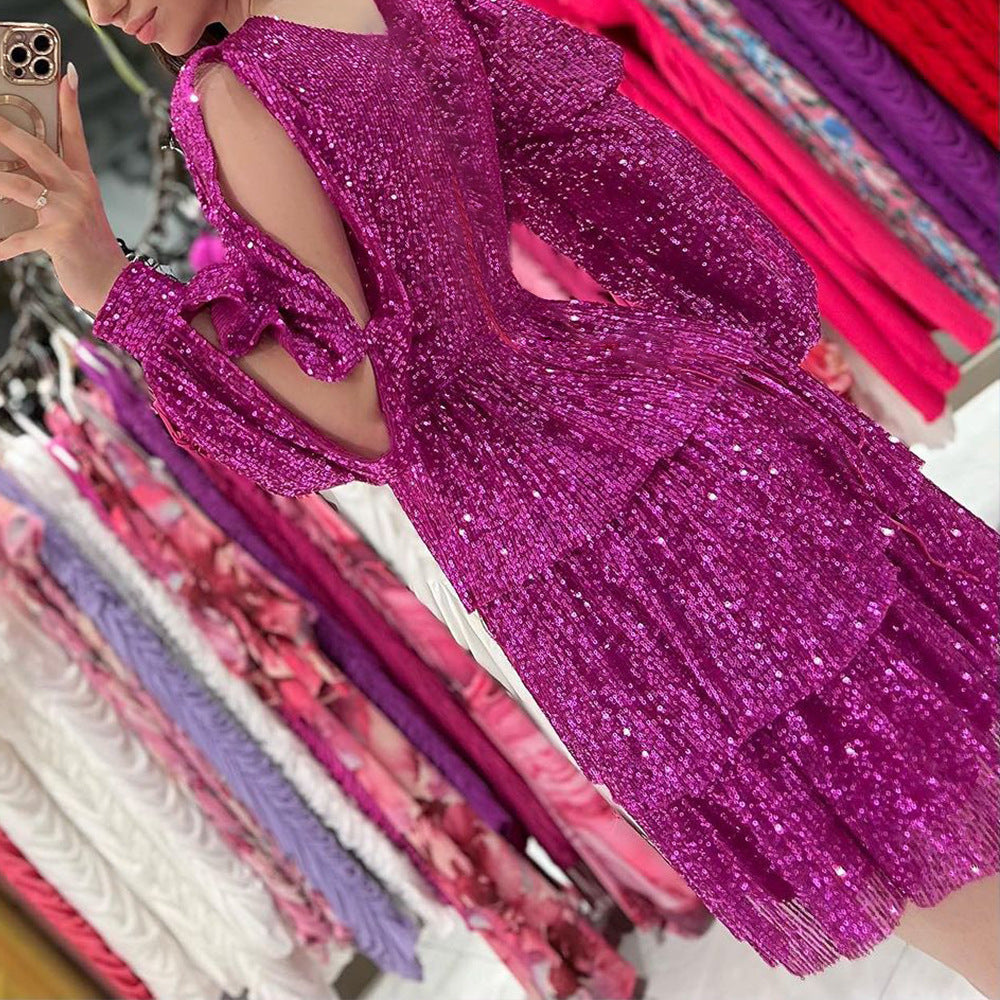 Damen festliches Mini-Kleid mit funkelnden Pailletten und voluminösen Ärmeln R&B