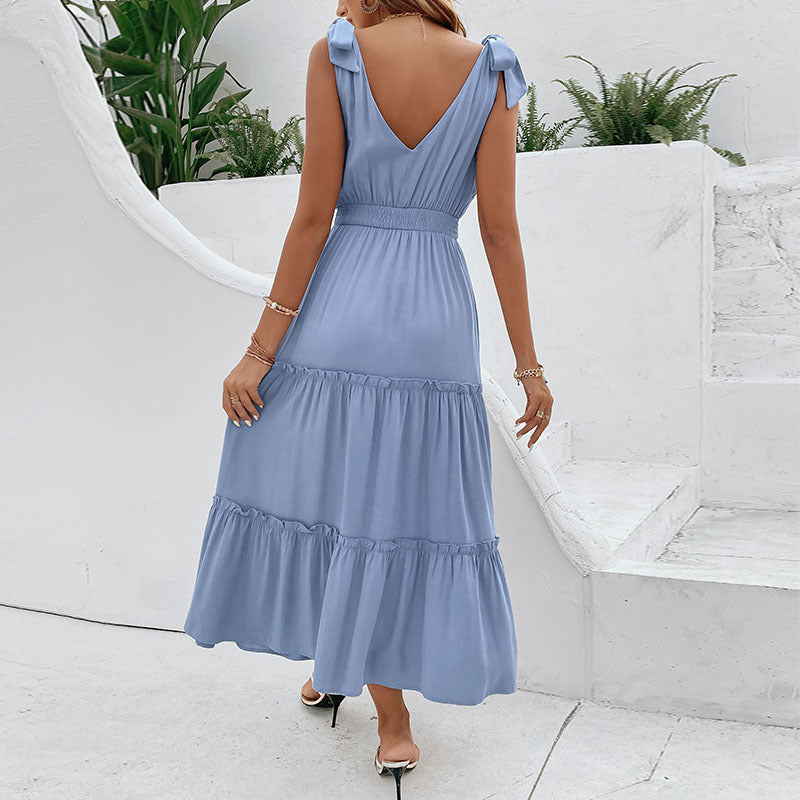 Damen Maxikleid mit verstellbaren Trägern und tiefem V-Ausschnitt R&B