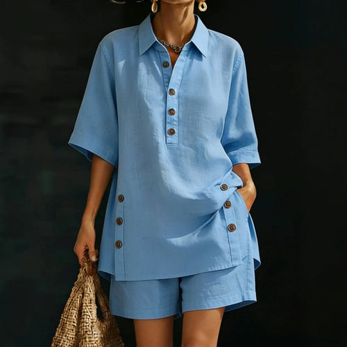 Damen nan luftiges Leinenoptik-Zweiteiler mit Oversize-Hemdbluse, Knopfleiste und Bermuda-Shorts R&B