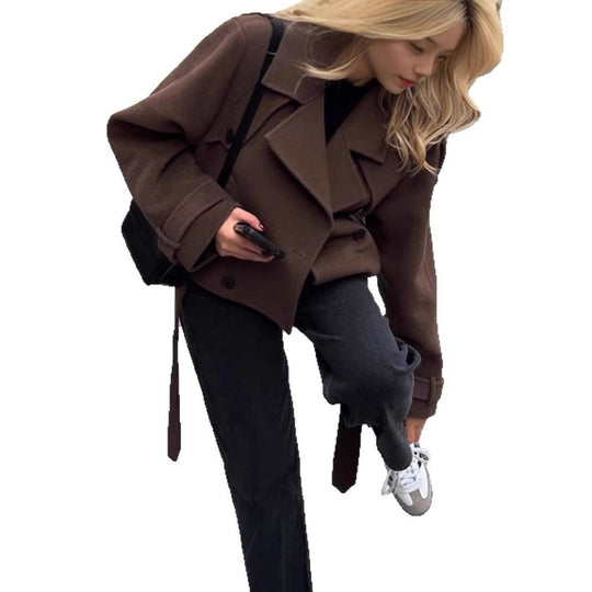 Damen modische cropped Jacke mit Doppelknopfverschluss und breitem Kragen R&B