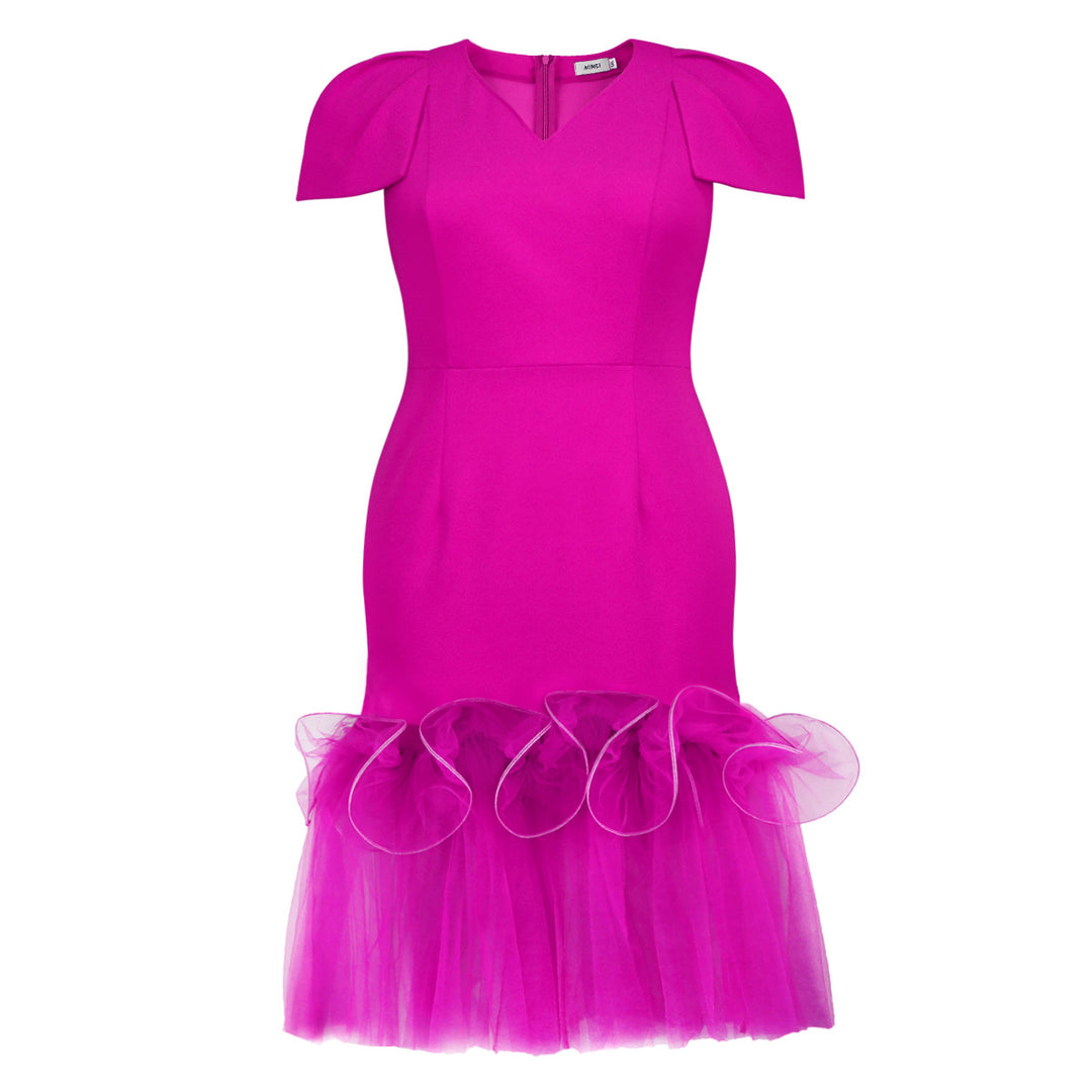 Damen figurbetontes Kleid mit voluminösen Puffärmeln und Tüllrock R&B