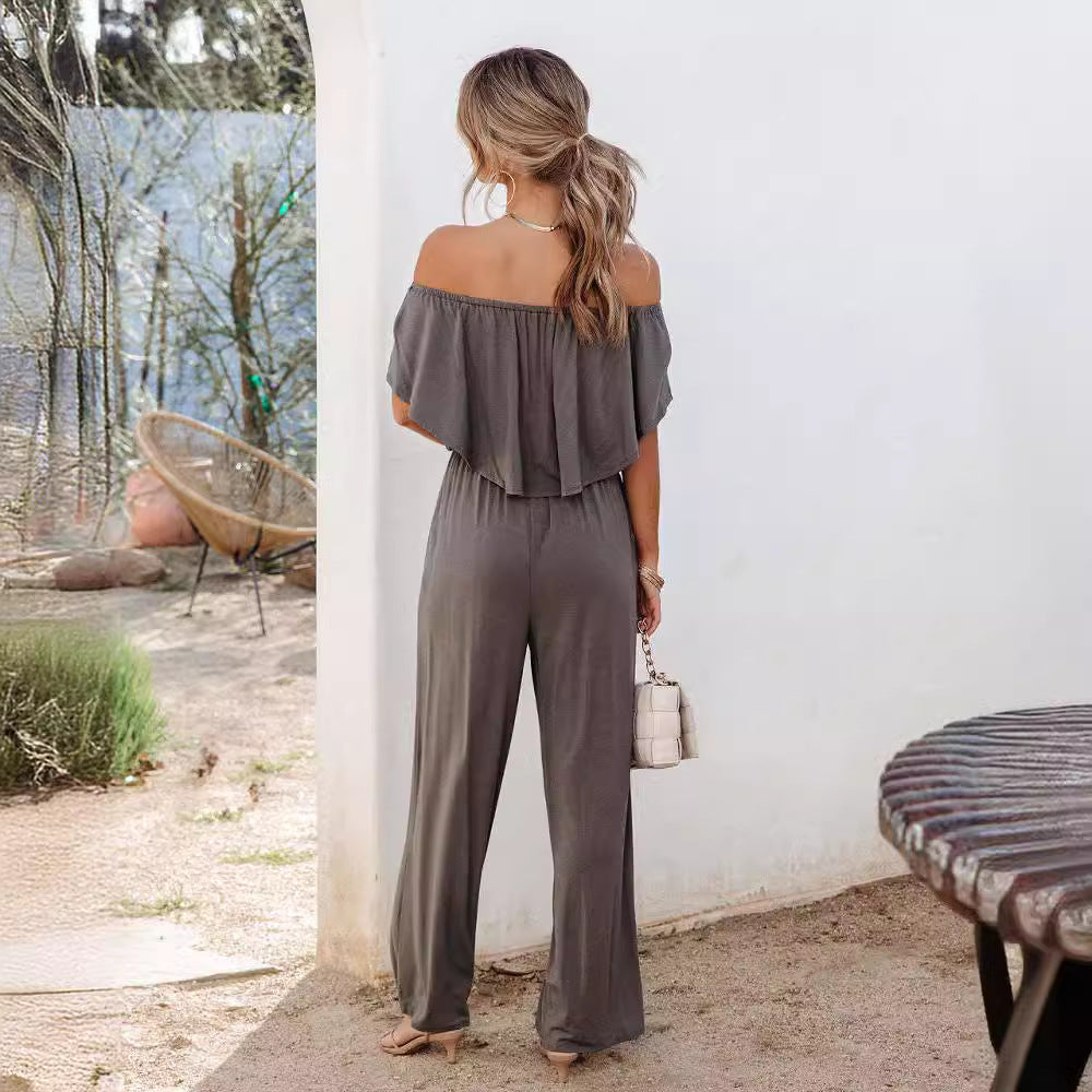 Damen Off-Shoulder Jumpsuit mit weitem Bein und elastischem Bund R&B