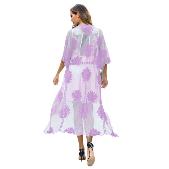 Damen elegante Häkel-Strandrobe mit floralen Details und tiefem V-Ausschnitt R&B