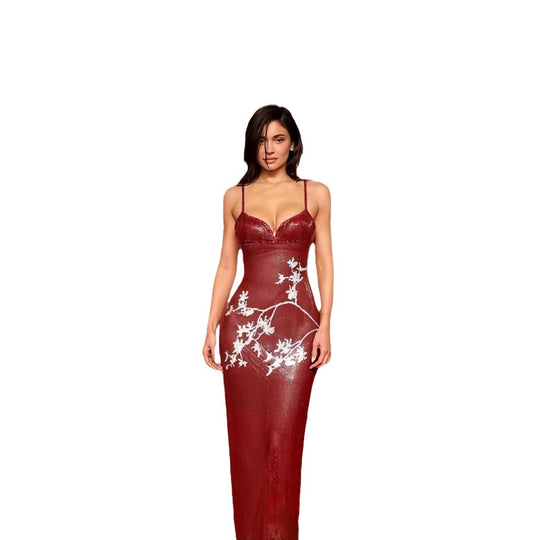Damen elegantes V-Ausschnitt Abendkleid mit floralem Stickmuster und schmalem Schnitt R&B