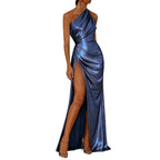 Damen Elegantes Maxikleid mit asymmetrischem Schnitt und glänzender Oberfläche R&B