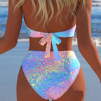 Damen hochgeschnittener Bikini mit modernem Wickeldesign und schimmerndem Leopardenmuster
