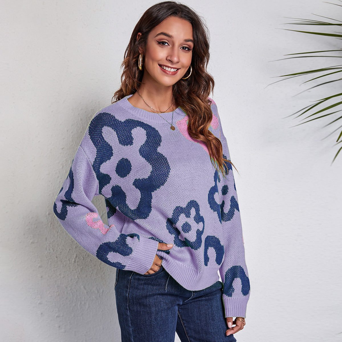 Damen Großer Strickpullover mit verspielt floralem Design R&B