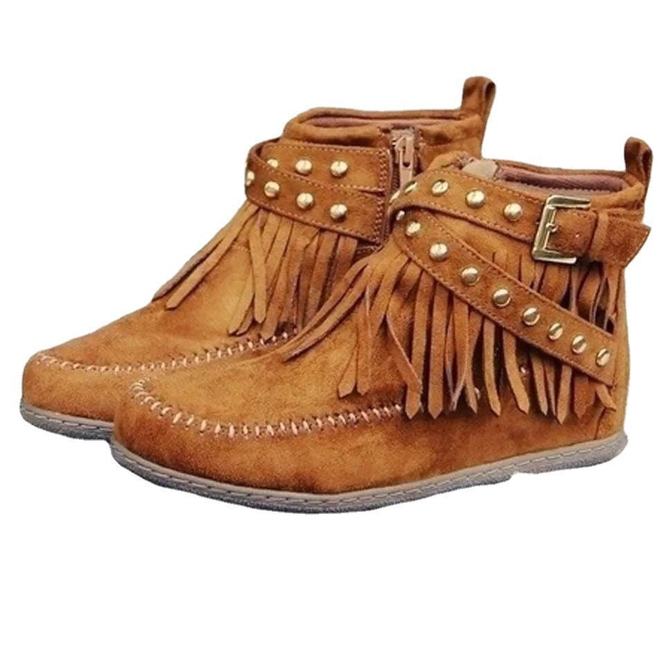 Damen nan fransige Mokassin-AnklR&Boots mit seitlichem Reißverschluss, dekorativer Schnalle und goldfarbenen Nieten R&B