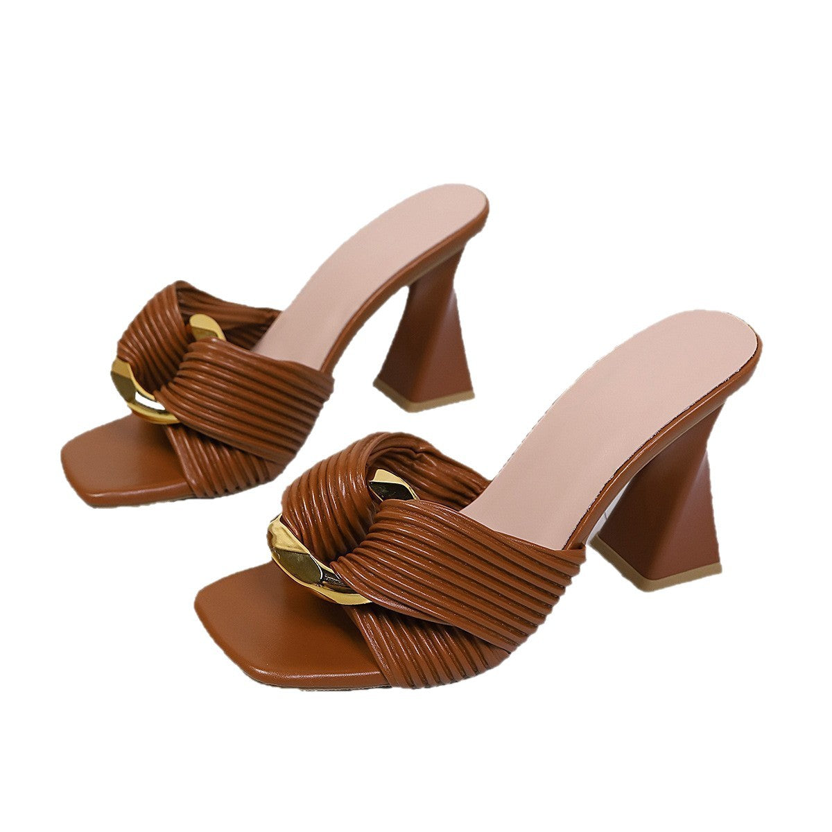 Damen Elegante High-Heel Sandaletten mit modischem Rippendesign und goldener Akzent-Details R&B