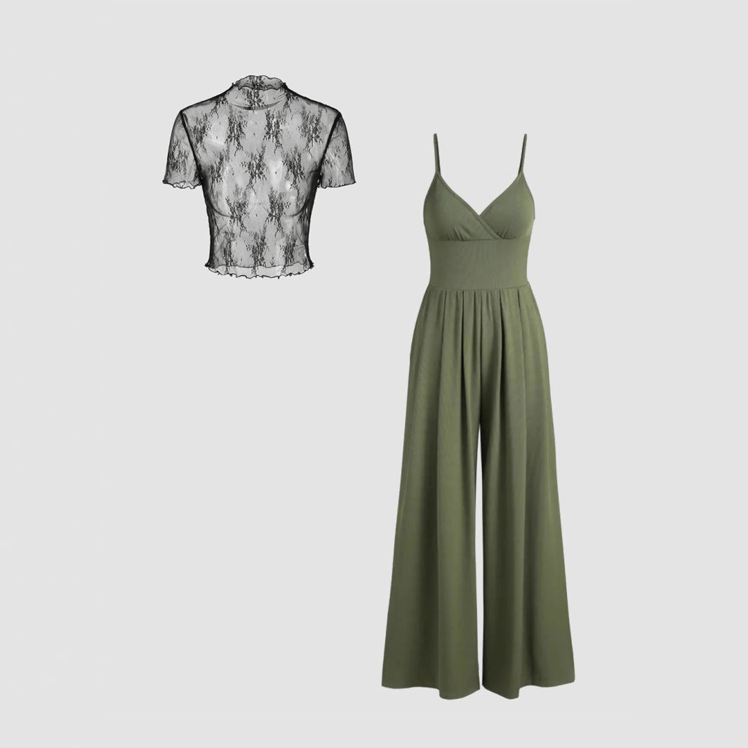 Damen elegantes V-Ausschnitt Jumpsuit mit transparenter Bluse R&B