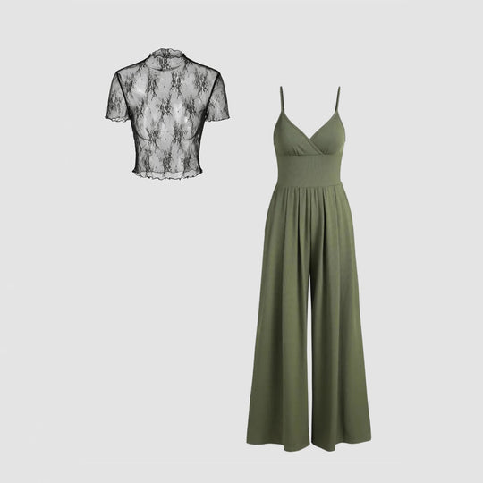 Damen elegantes V-Ausschnitt Jumpsuit mit transparenter Bluse R&B
