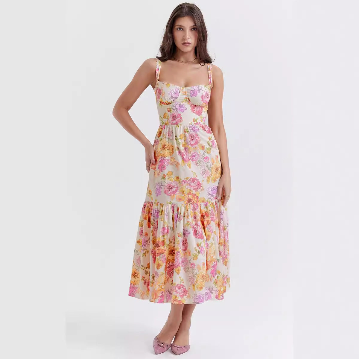Damen Floral Maxikleid mit schulterfreiem Design und voluminösem Rock R&B