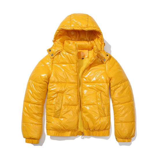 Damen glänzende Steppjacke mit abnehmbarer Kapuze R&B