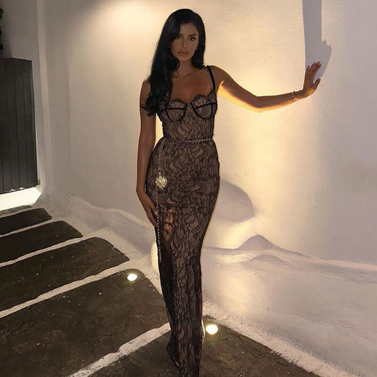 Damen Spitzenmaxikleid mit verführerischem Lingerie-Look und elegantem Akzent R&B