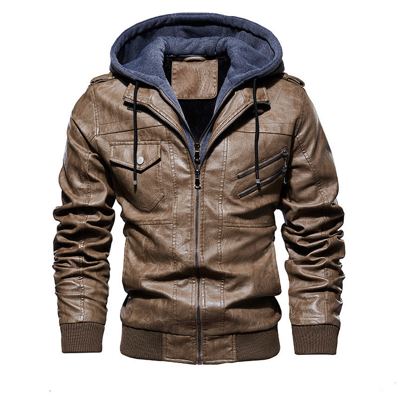 Herren lässige Kunstlederjacke mit abnehmbarer Kapuze und zahlreichen Taschen R&B