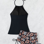 Damen Sport Top mit verstellbarem Nackenträger und floralem Muster Shorts R&B
