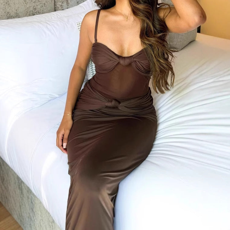 Damen Maxikleid mit tiefem V-Ausschnitt und raffinierten Knoten-Details R&B