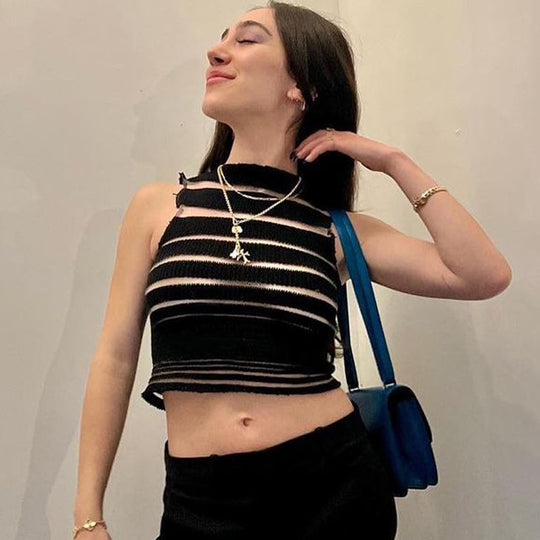 Damen Crop-Top mit transparenter Lochmusterstruktur R&B