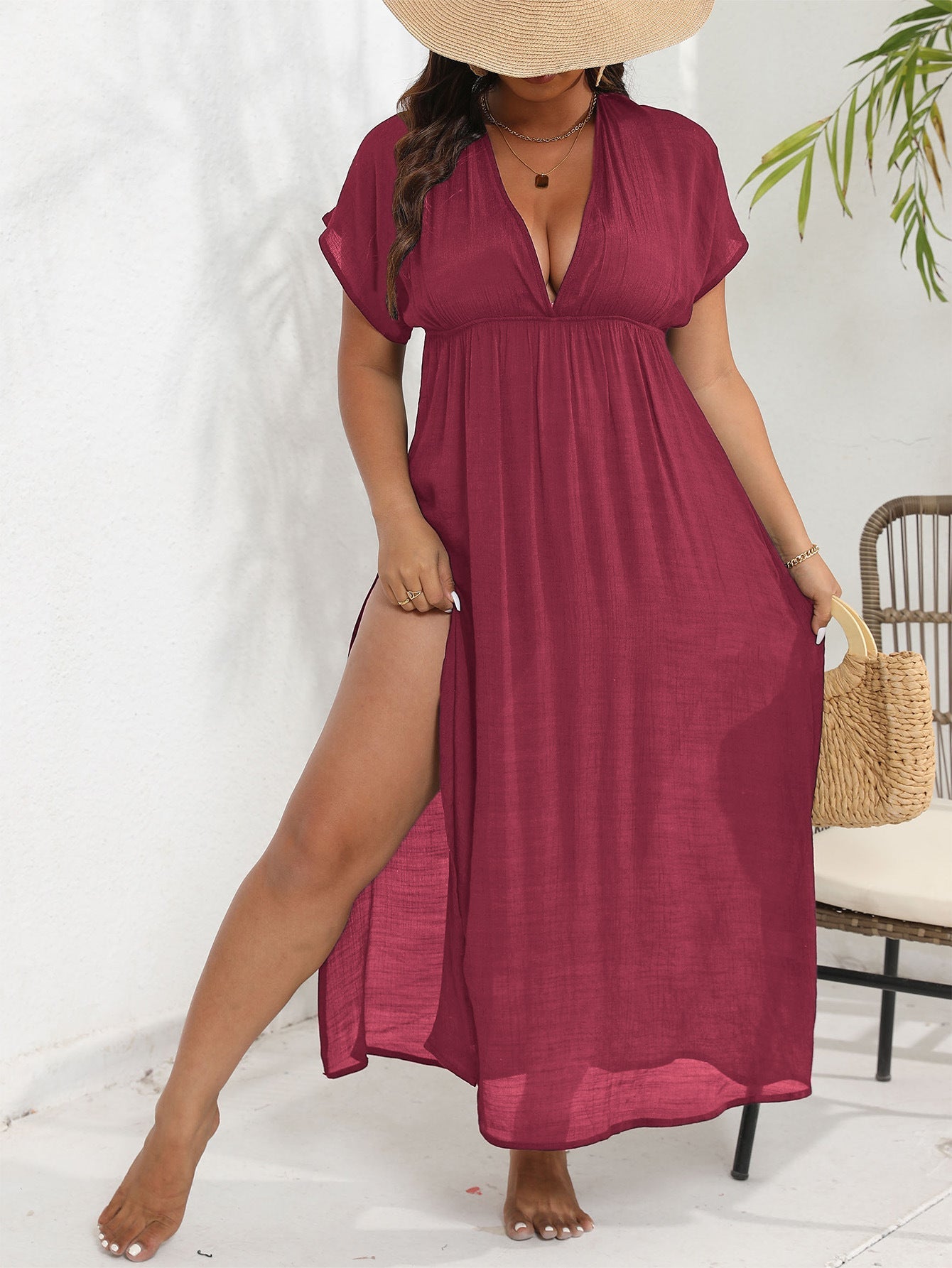 Damen luftiges Maxikleid mit tiefem V-Ausschnitt und seitlichen Schlitzen R&B