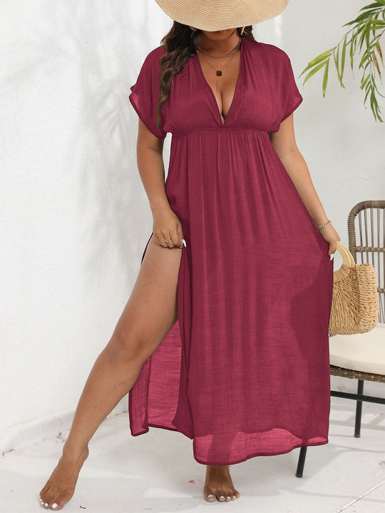 Damen luftiges Maxikleid mit tiefem V-Ausschnitt und seitlichen Schlitzen R&B