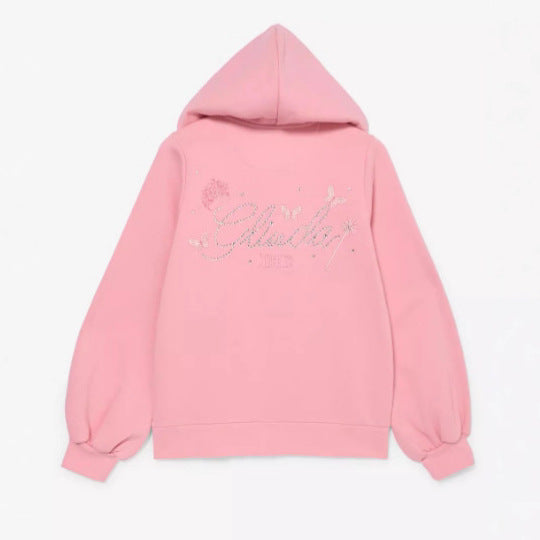 Damen nan Rüschen-Kapuzen-Sweatjacke mit Ballonärmeln und Strasslogo R&B