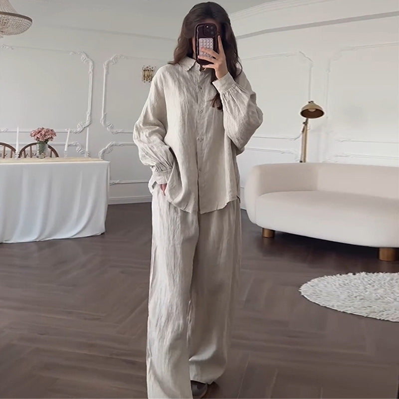 Damen lässiges Leinen-Loungewear-Set mit taillierter Bluse und weiten Hosen R&B