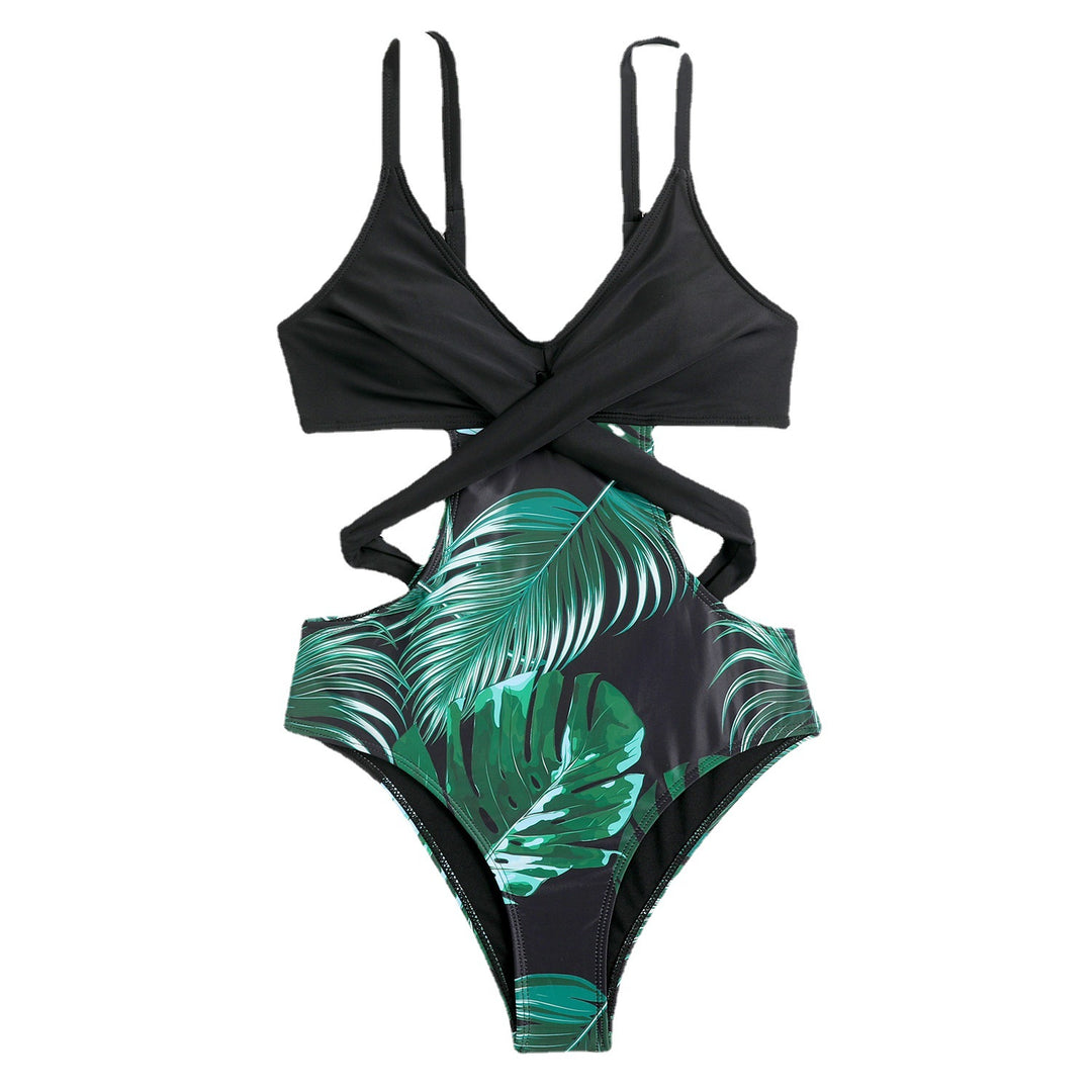 Damen Einteiler Badeanzug mit modischem Cut-Out und tropischem Blattmuster R&B
