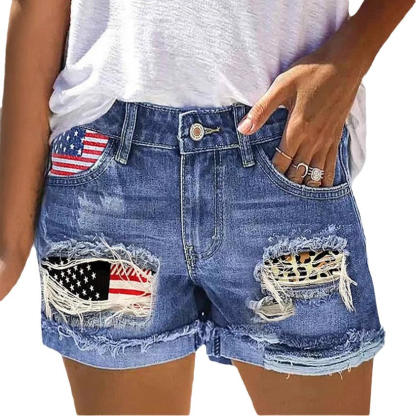 Damen Jeansshorts mit modischem USA-Print und Destroyed-Detail R&B