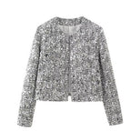 Damen nan gefütterte Bouclé-Kurzjacke mit Paillettenbesatz, Rundhalsausschnitt und offener Front R&B