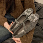 Damen Filz-Ballerinas mit eleganter Schnallenverzierung und funkelndem Kristallschmuck R&B