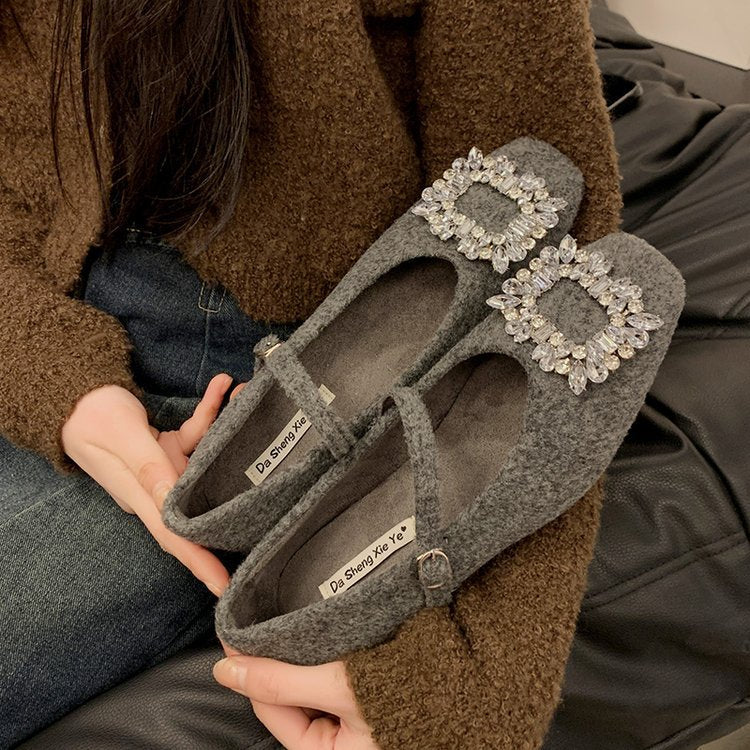 Damen Filz-Ballerinas mit eleganter Schnallenverzierung und funkelndem Kristallschmuck R&B