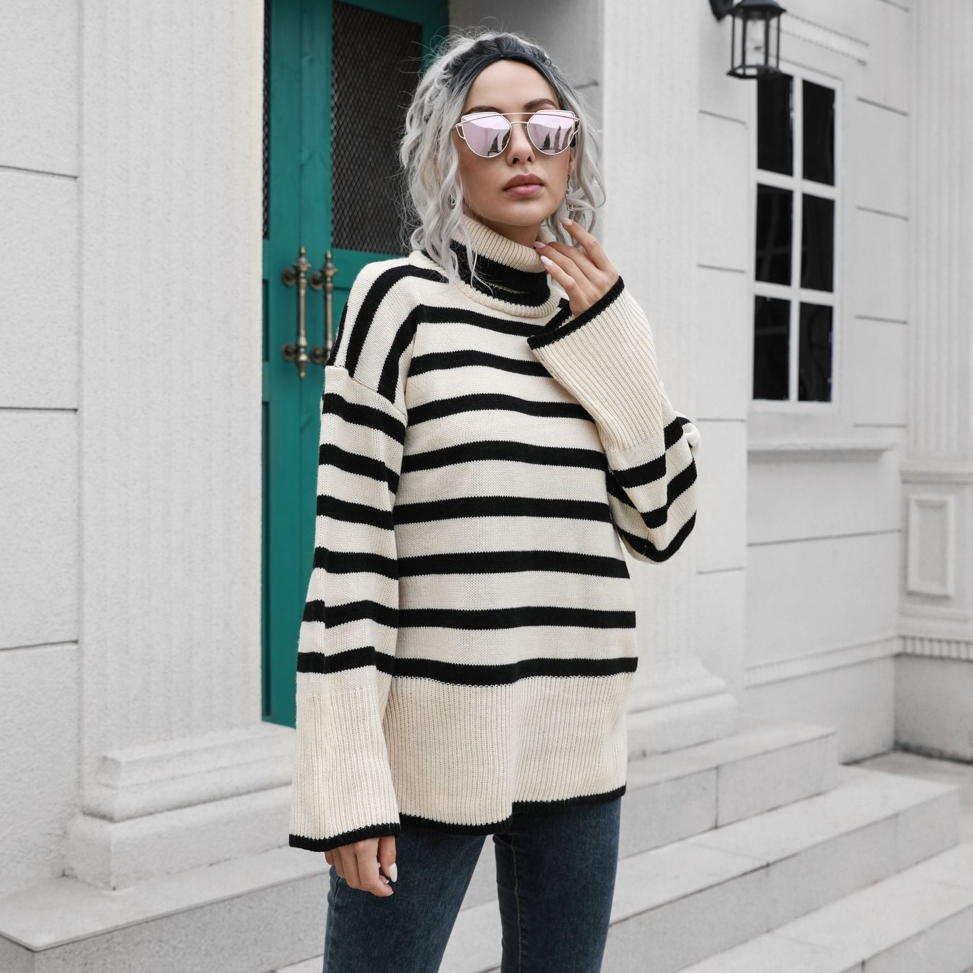 Damen Strickpullover mit hohen Bündchen und lässigem Streifenmuster R&B