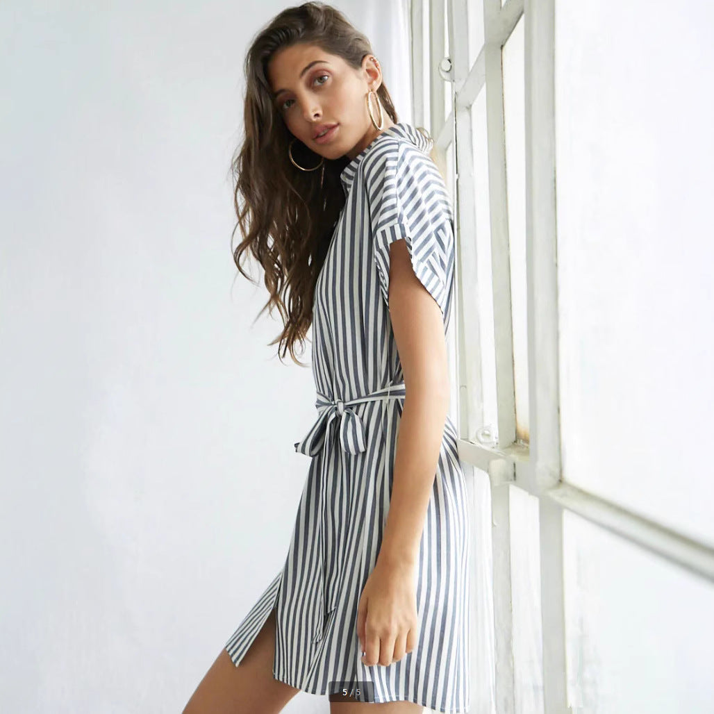 Damen Hemdblusenkleid mit Taillengürtel und modischem Streifendesign R&B