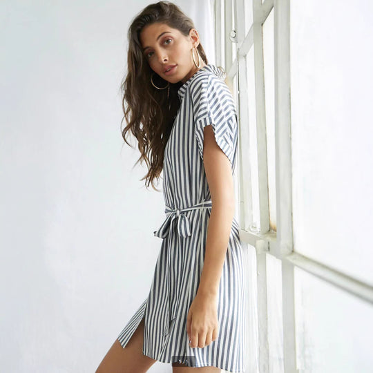 Damen Hemdblusenkleid mit Taillengürtel und modischem Streifendesign R&B