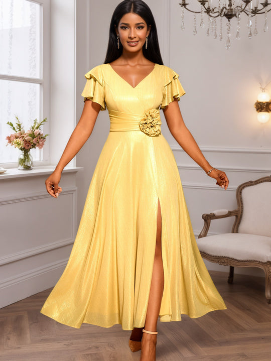 Damen glamouröses Abendkleid mit elegantem V-Ausschnitt und voluminösen Rüschensäumen R&B