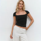 Damen Figurbetontes Kurzarmshirt mit quadratischem Ausschnitt und elastischem Material R&B