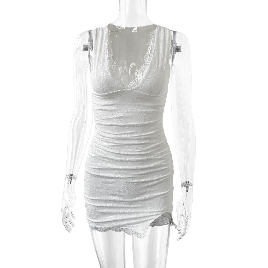 Damen sexy Wickelkleid mit Spitzenbesatz und tiefem V-Ausschnitt R&B