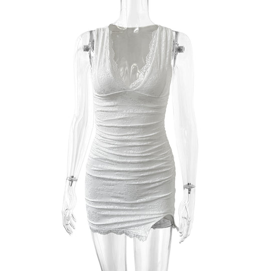 Damen sexy Wickelkleid mit Spitzenbesatz und tiefem V-Ausschnitt R&B
