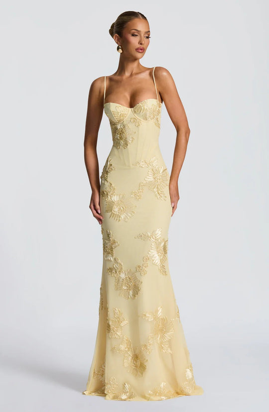 Damen figurbetontes Abendkleid mit floralem Stickdesign und hochwertigem Stoff R&B
