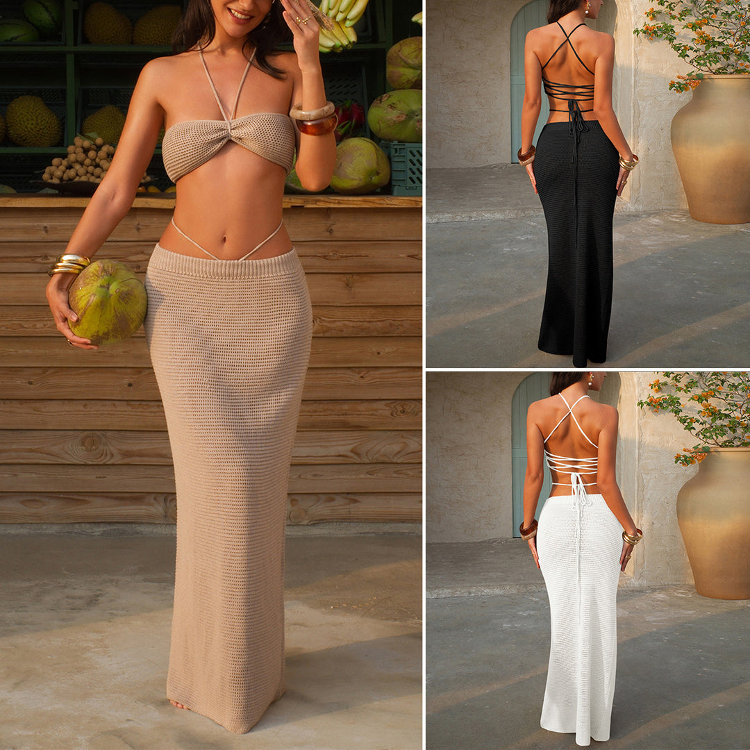 Damen Strickkleid mit Crop-Top und hohem Taillenbund R&B